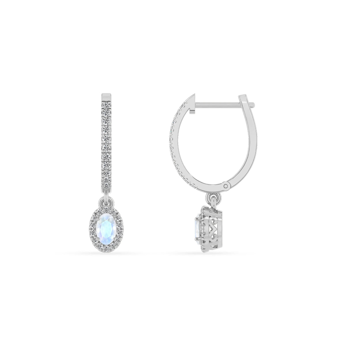 natural rainbow moonstone oval drop earrings in platinum 