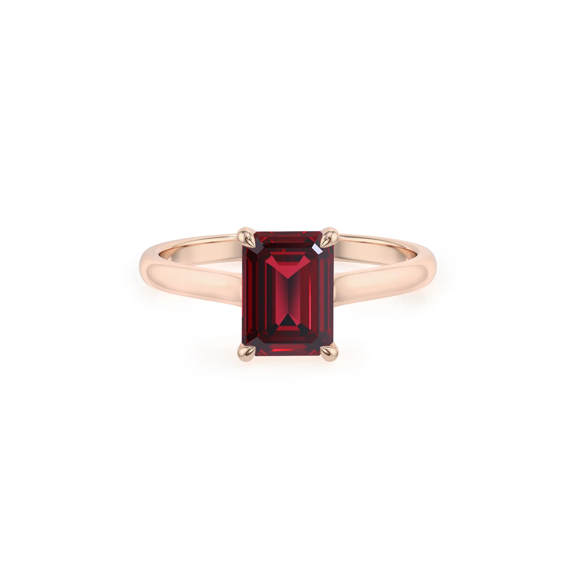lab grown ruby emerald cut solitaire rings in rose gold 