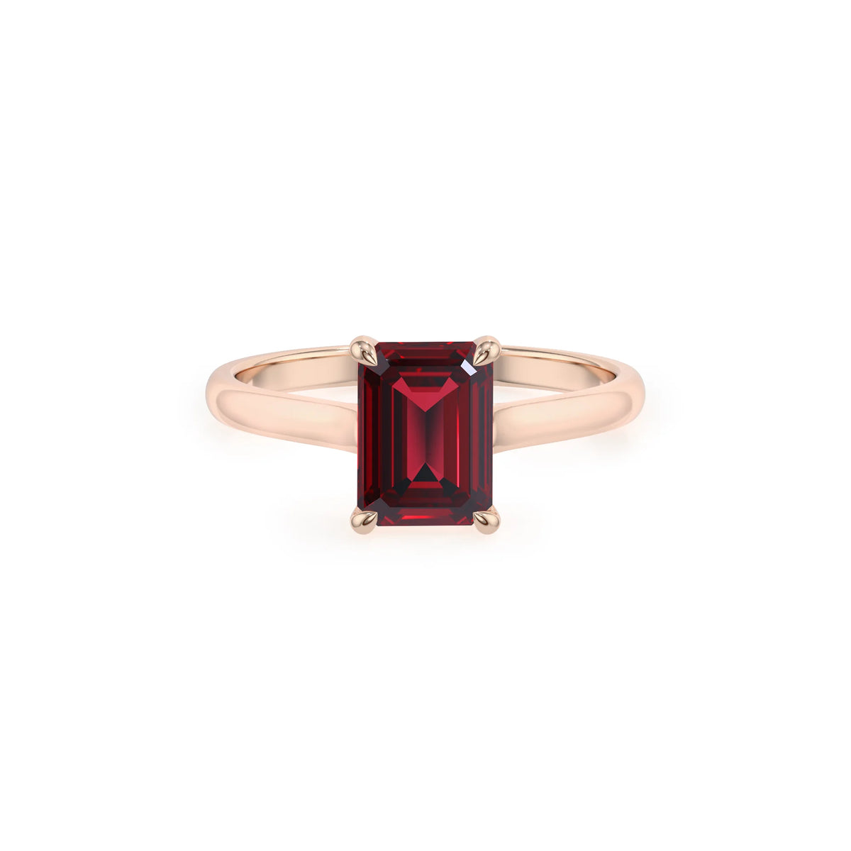 lab grown ruby emerald cut solitaire rings in rose gold 