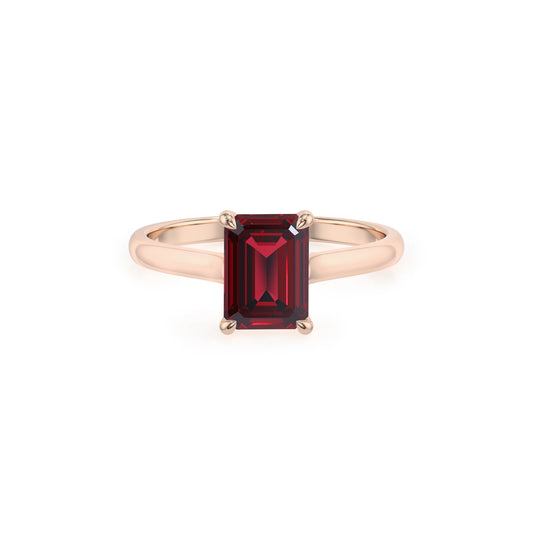 lab grown ruby emerald cut solitaire rings in rose gold 