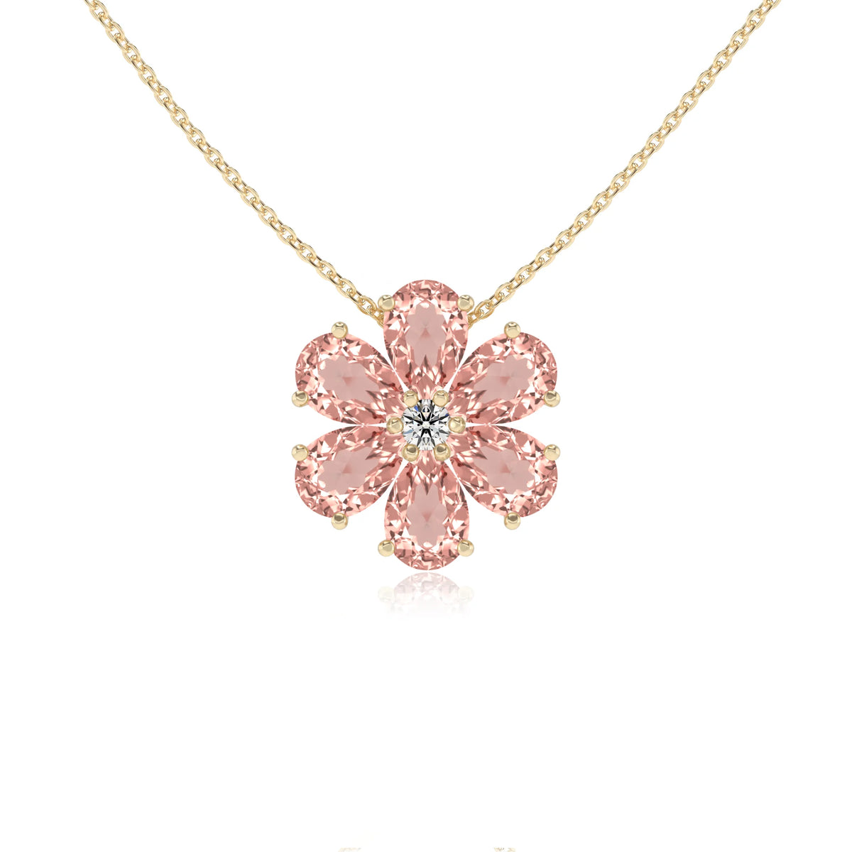 lab grown morganite pear solitaire necklaces in yellow gold 