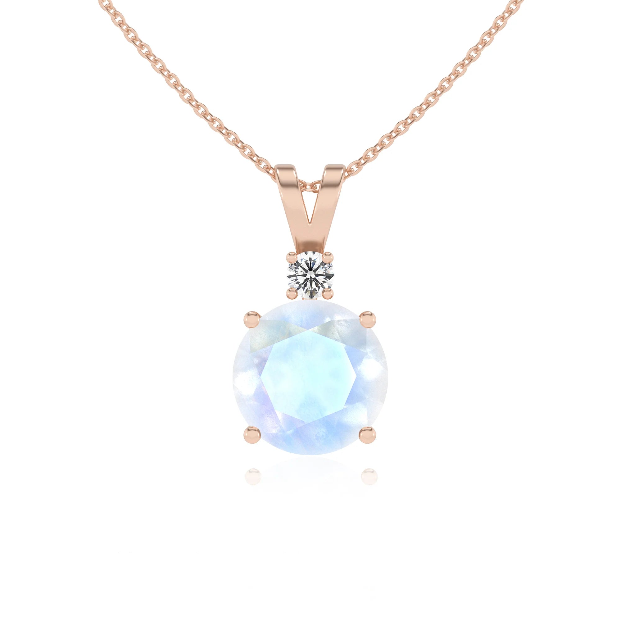 natural rainbow-moonstone round solitaire v-bale necklaces in rose gold 