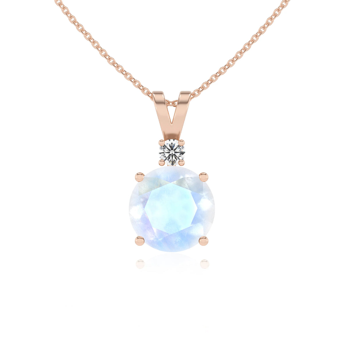 natural rainbow-moonstone round solitaire v-bale necklaces in rose gold 