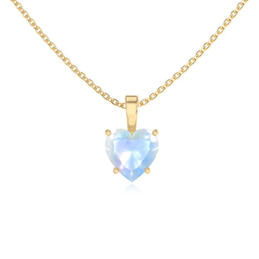 natural rainbow-moonstone heart solitaire necklaces in yellow gold 