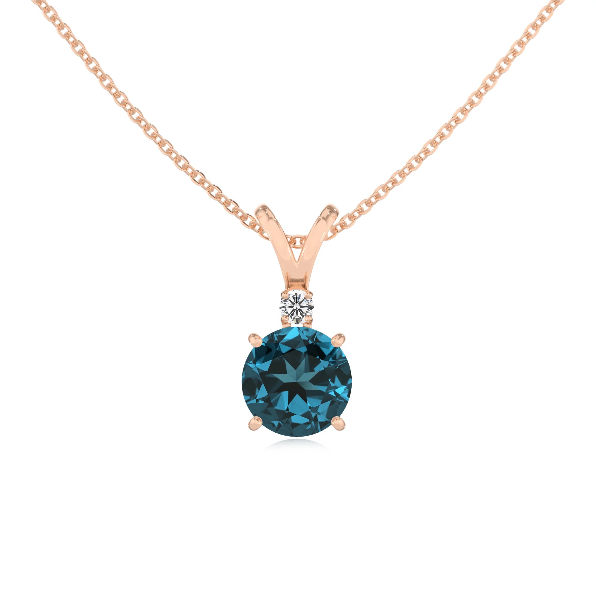natural london-blue-topaz round solitaire v-bale necklaces in rose gold 