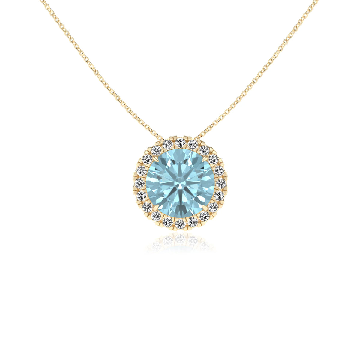 lab grown aquamarine round solitaire necklaces in yellow gold 