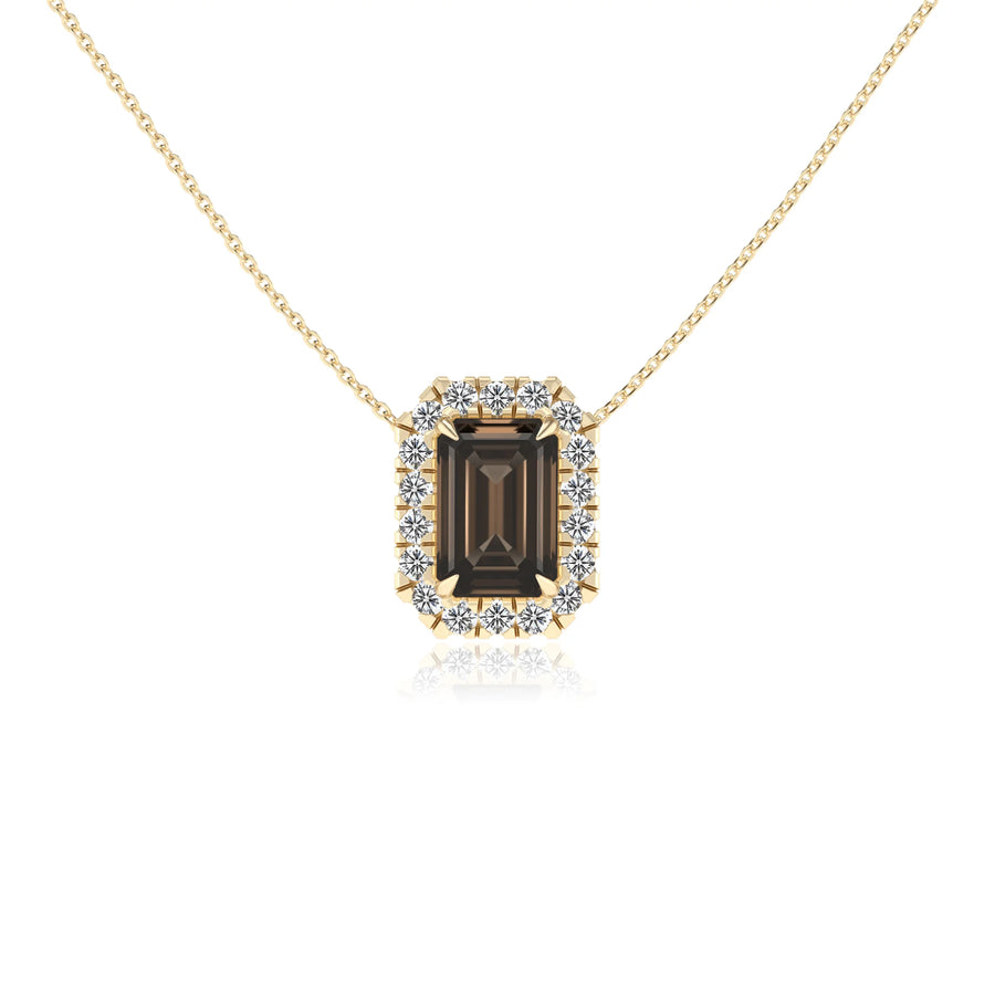 natural smoky quartz emerald cut solitaire necklaces in yellow gold 