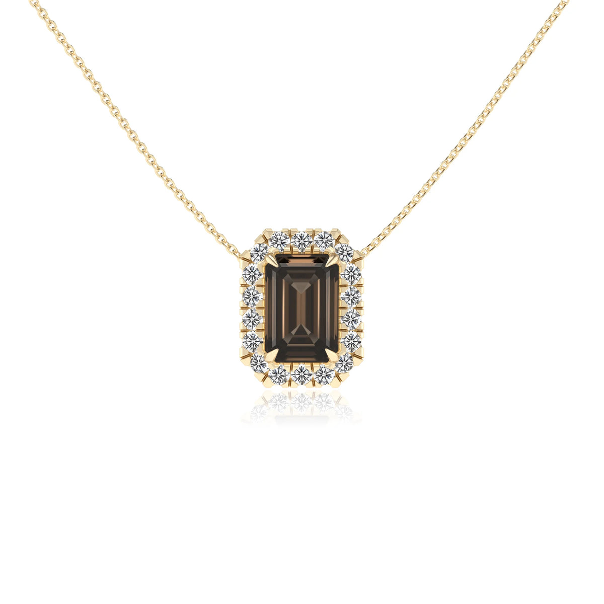 natural smoky quartz emerald cut solitaire necklaces in yellow gold 