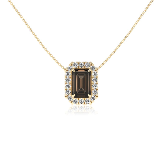 natural smoky quartz emerald cut solitaire necklaces in yellow gold 