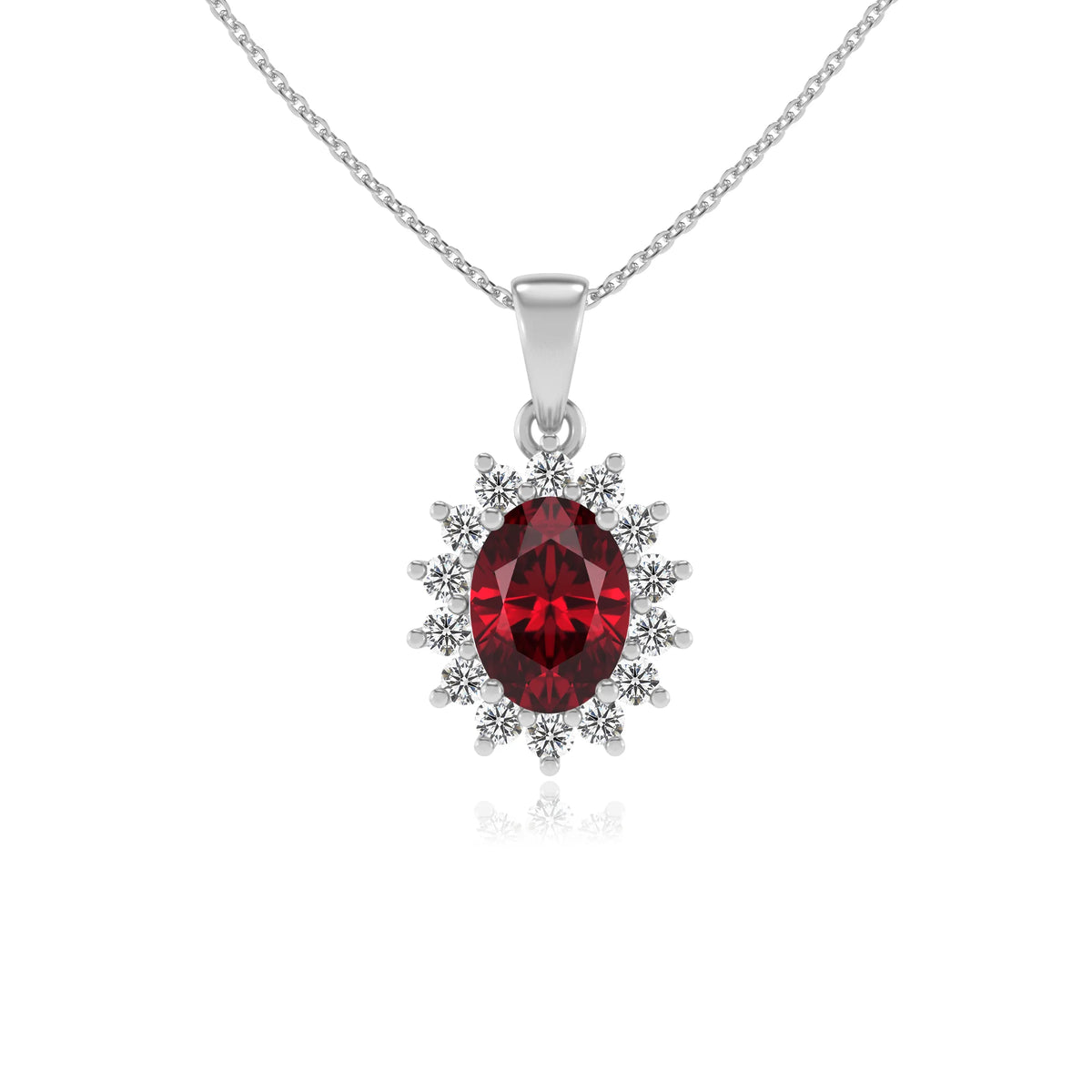 lab grown ruby oval halo necklaces in platinum 