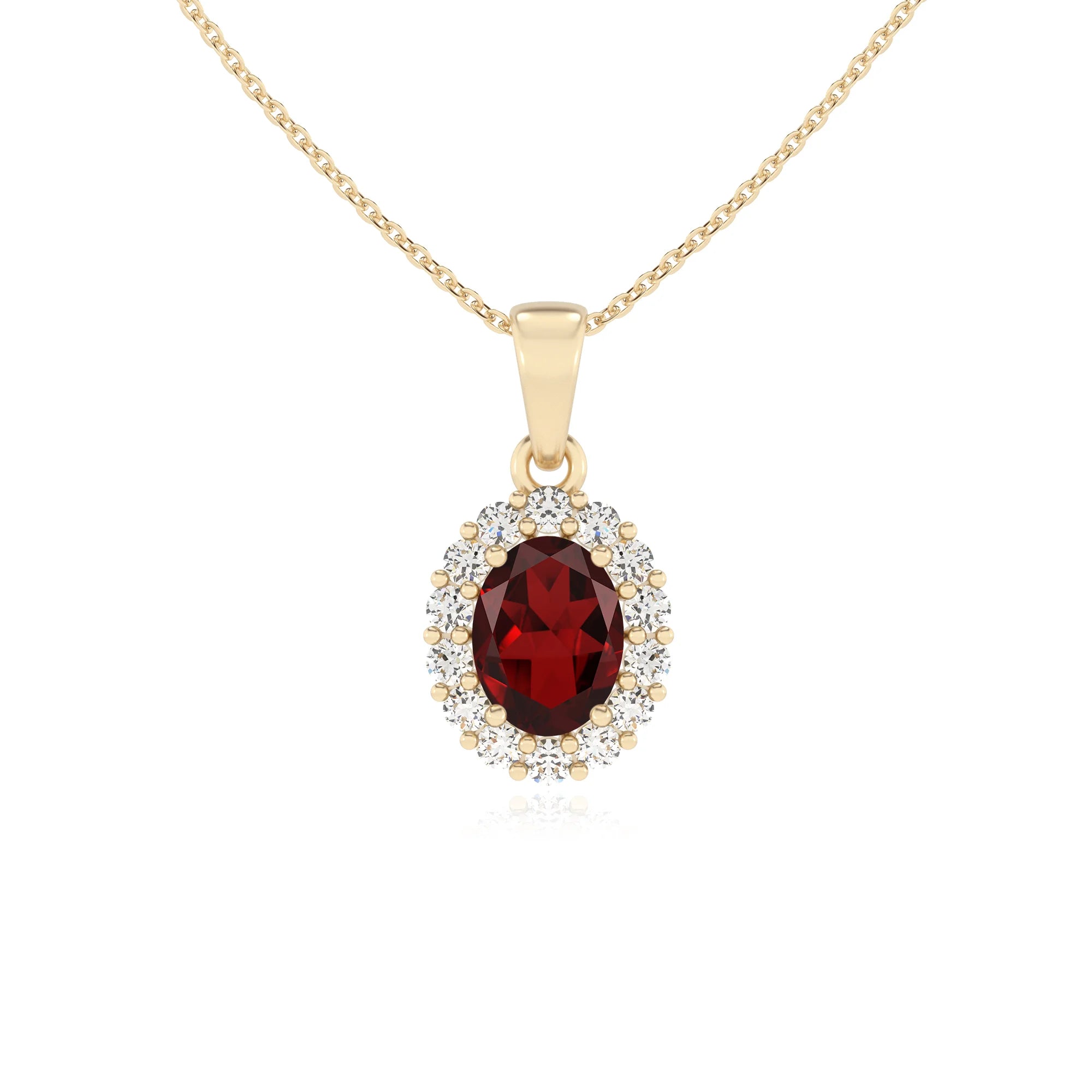 natural garnet oval solitaire necklaces in yellow gold 