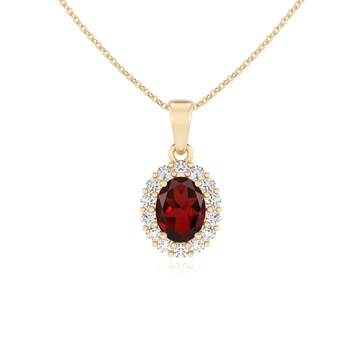 natural garnet oval solitaire necklaces in yellow gold 