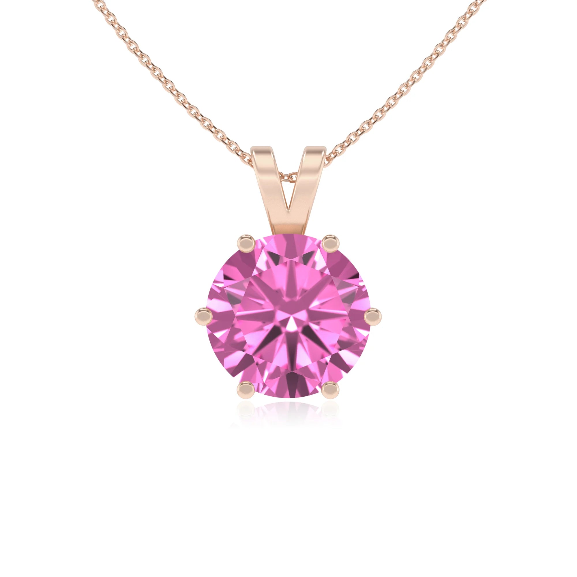 lab grown pink-sapphire round solitaire v-bale necklaces in rose gold 