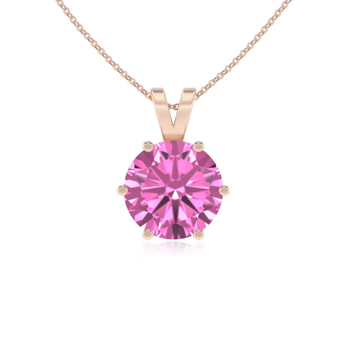 lab grown pink-sapphire round solitaire v-bale necklaces in rose gold 