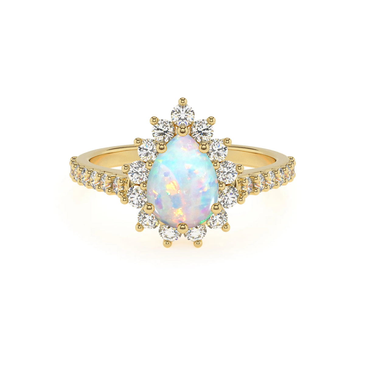 lab grown opal pear solitaire rings in yellow gold 