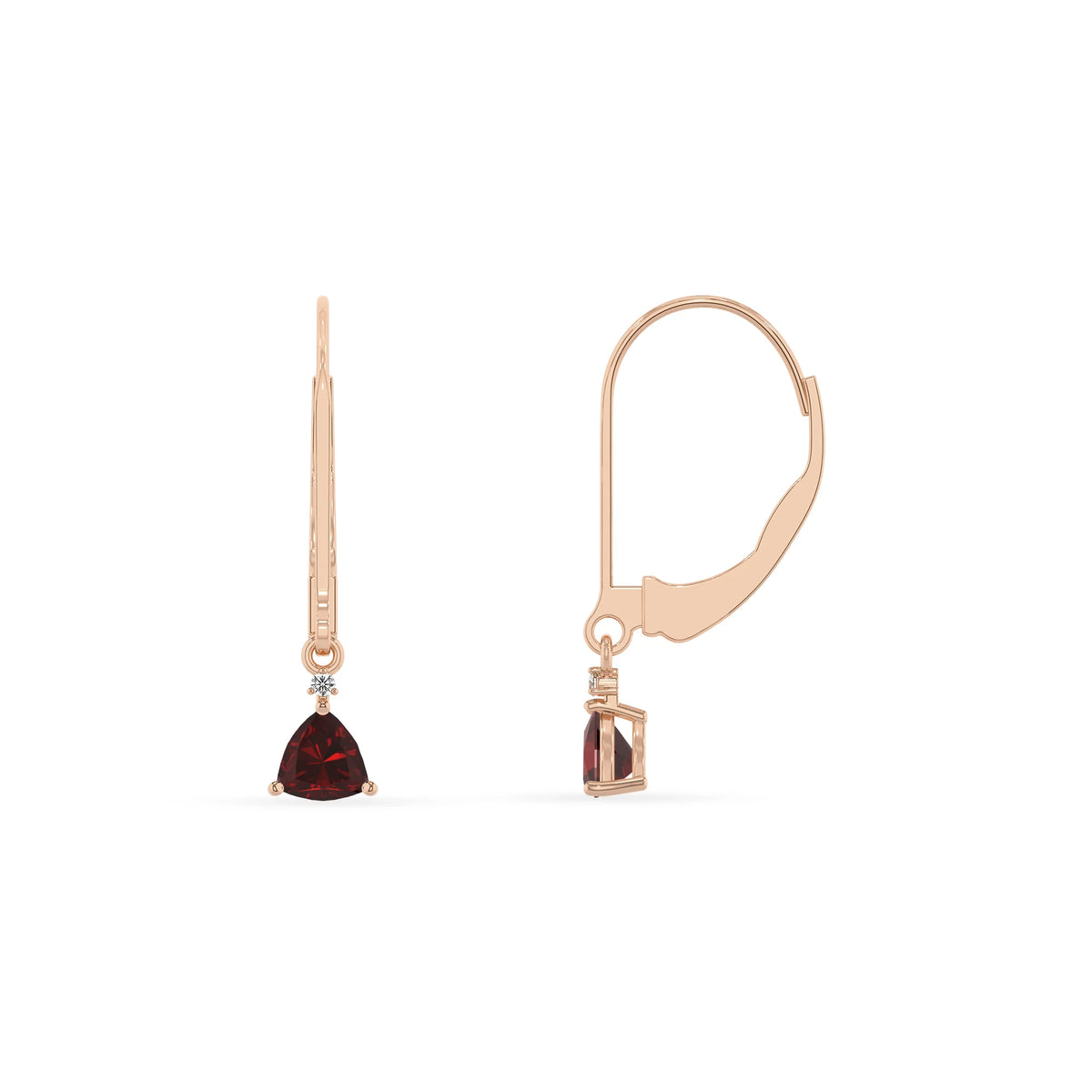 natural garnet trillion drop earrings in rose gold 