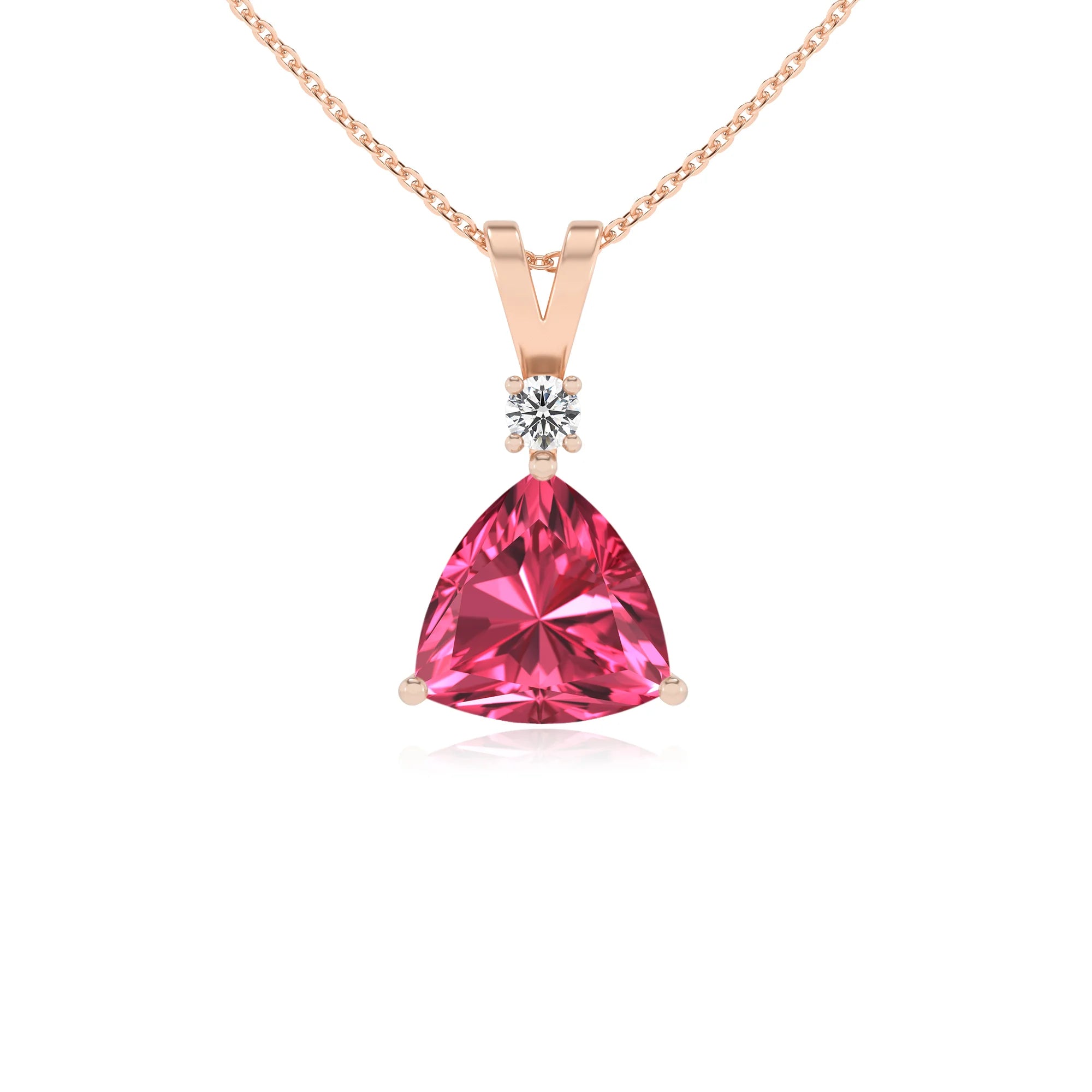 lab grown pink-tourmaline trillion solitaire v-bale necklaces in rose gold 