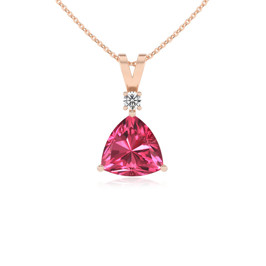 lab grown pink-tourmaline trillion solitaire v-bale necklaces in rose gold 