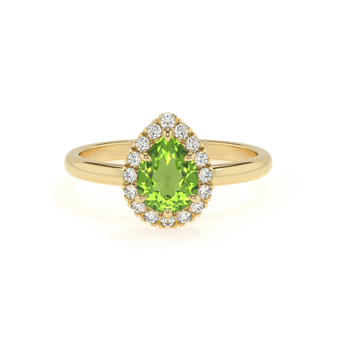 natural peridot pear solitaire rings in yellow gold 