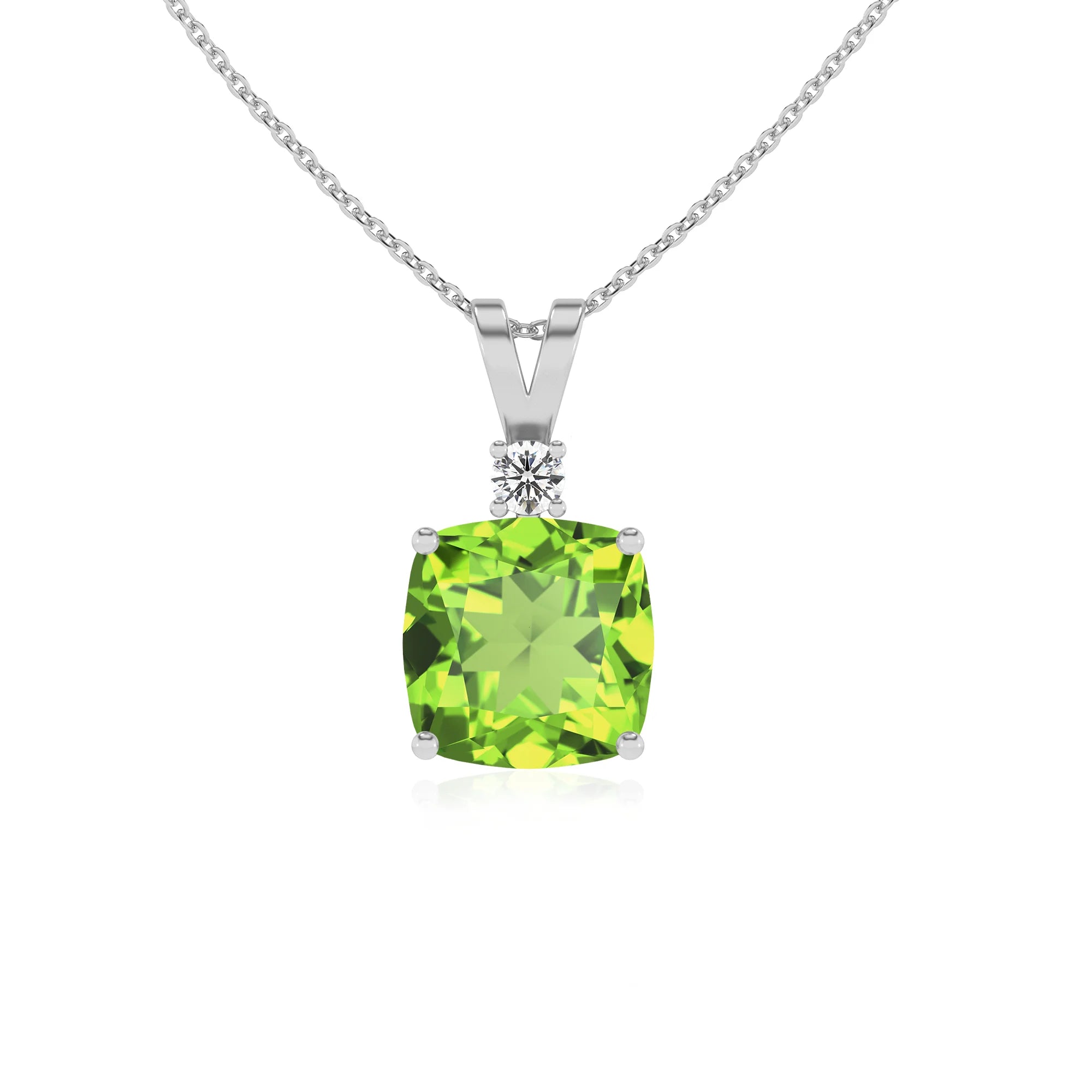 natural peridot cushion solitaire v-bale necklaces in platinum 