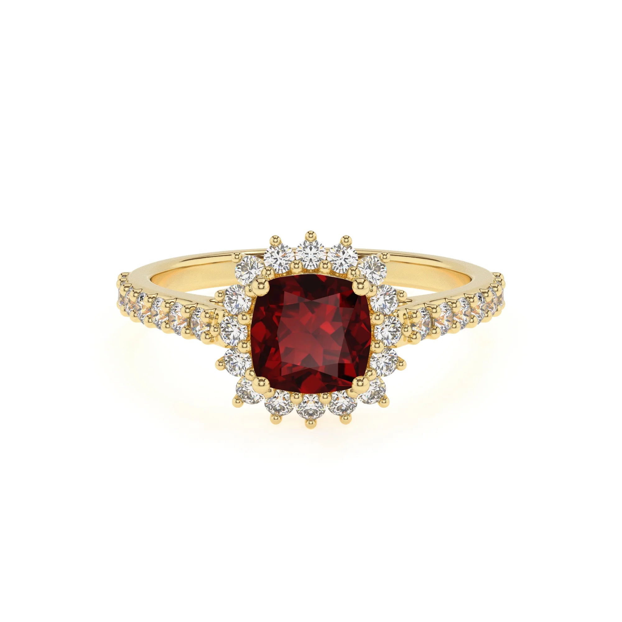 natural garnet cushion solitaire rings in yellow gold 