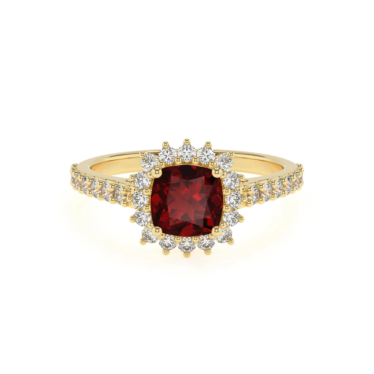 natural garnet cushion solitaire rings in yellow gold 