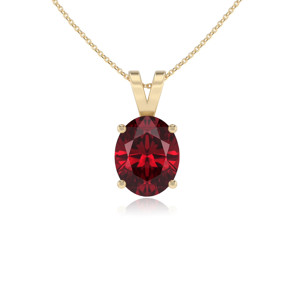 lab grown ruby oval solitaire v-bale necklaces in yellow gold 