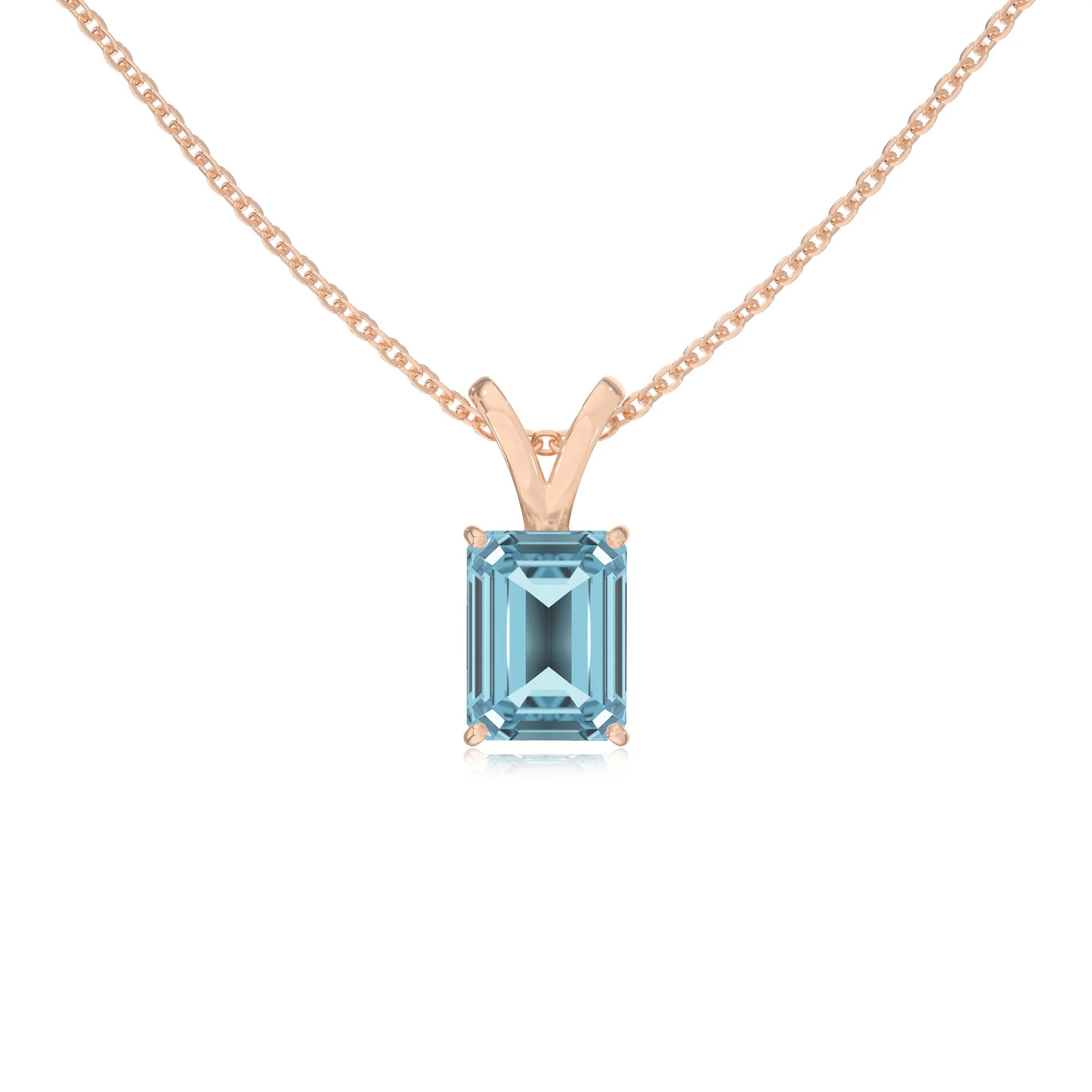 lab grown aquamarine emerald cut solitaire v-bale necklaces in rose gold 