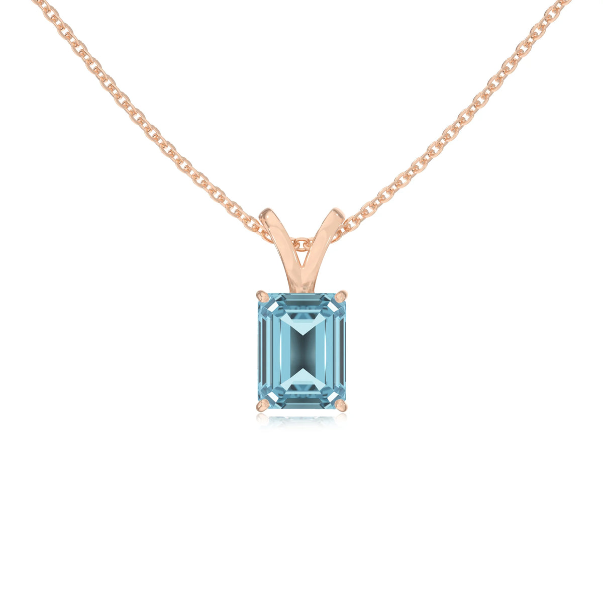 lab grown aquamarine emerald cut solitaire v-bale necklaces in rose gold 