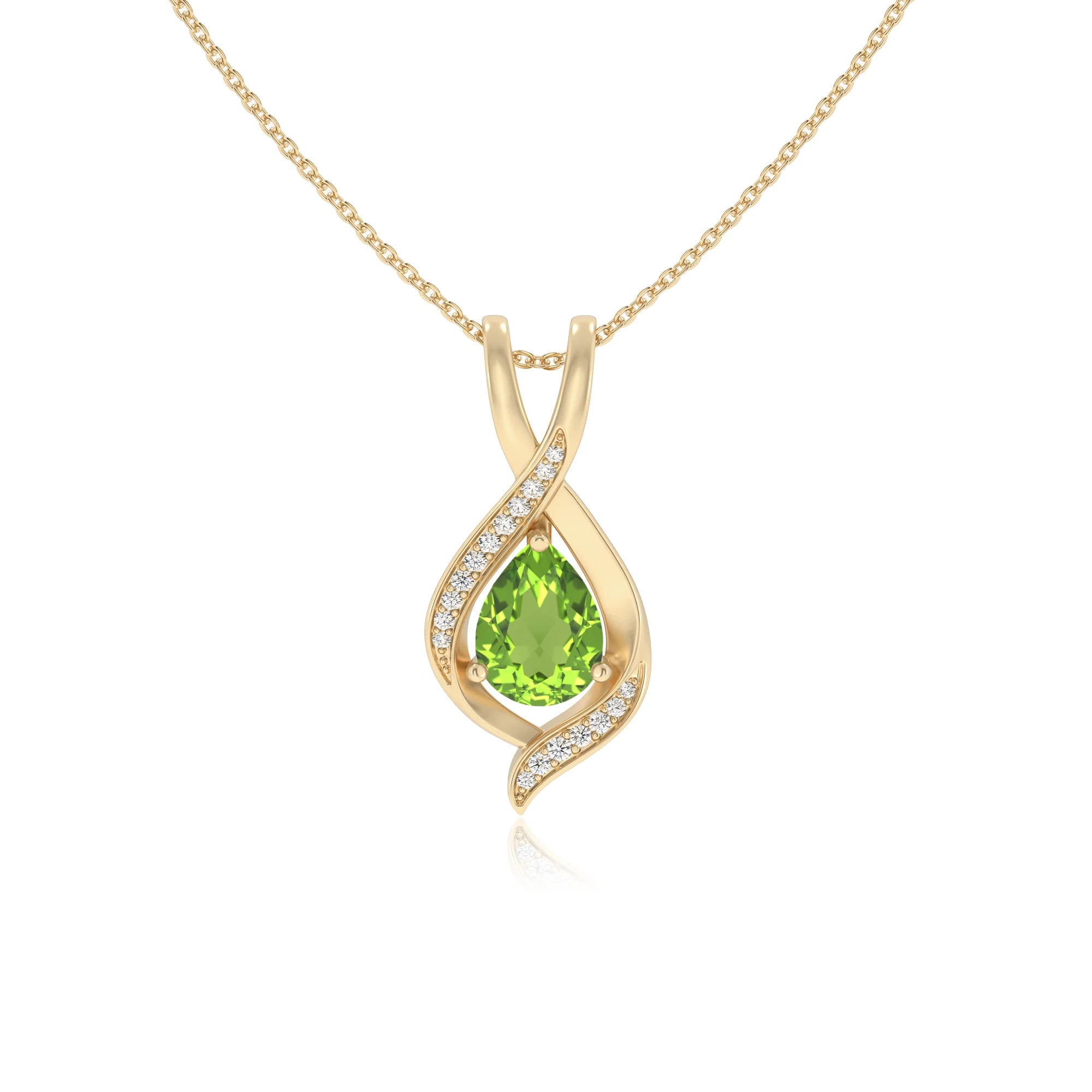 natural peridot pear solitaire necklaces in yellow gold 