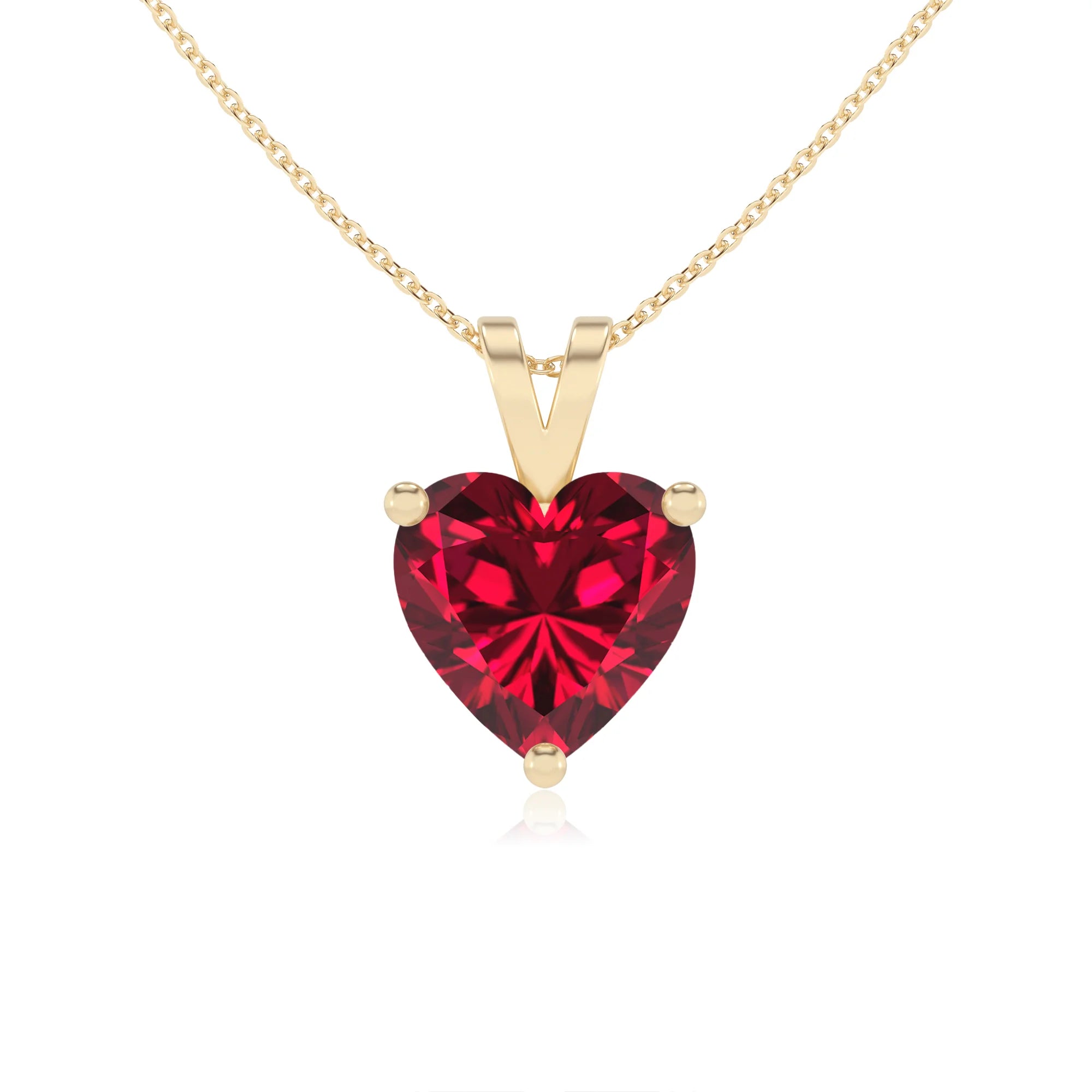 lab grown ruby heart solitaire v-bale necklaces in yellow gold 