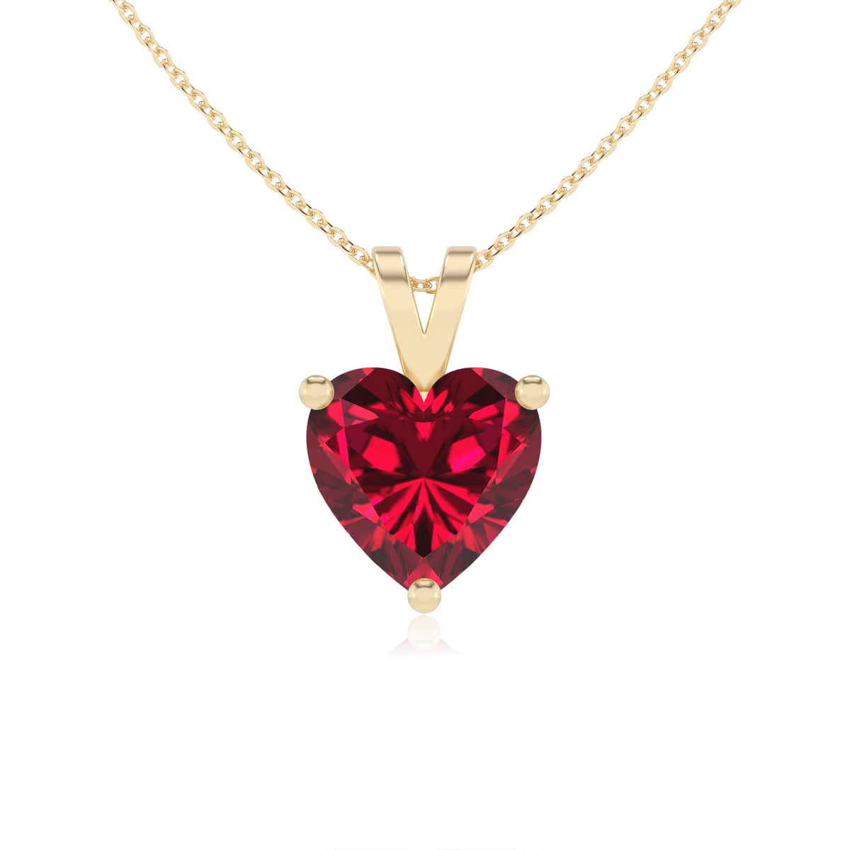 lab grown ruby heart solitaire v-bale necklaces in yellow gold 