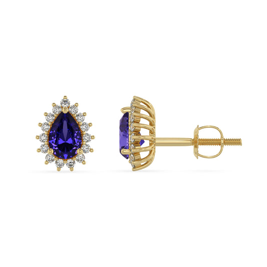 lab grown tanzanite pear stud earrings in yellow gold 