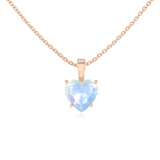 natural rainbow-moonstone heart solitaire necklaces in rose gold 