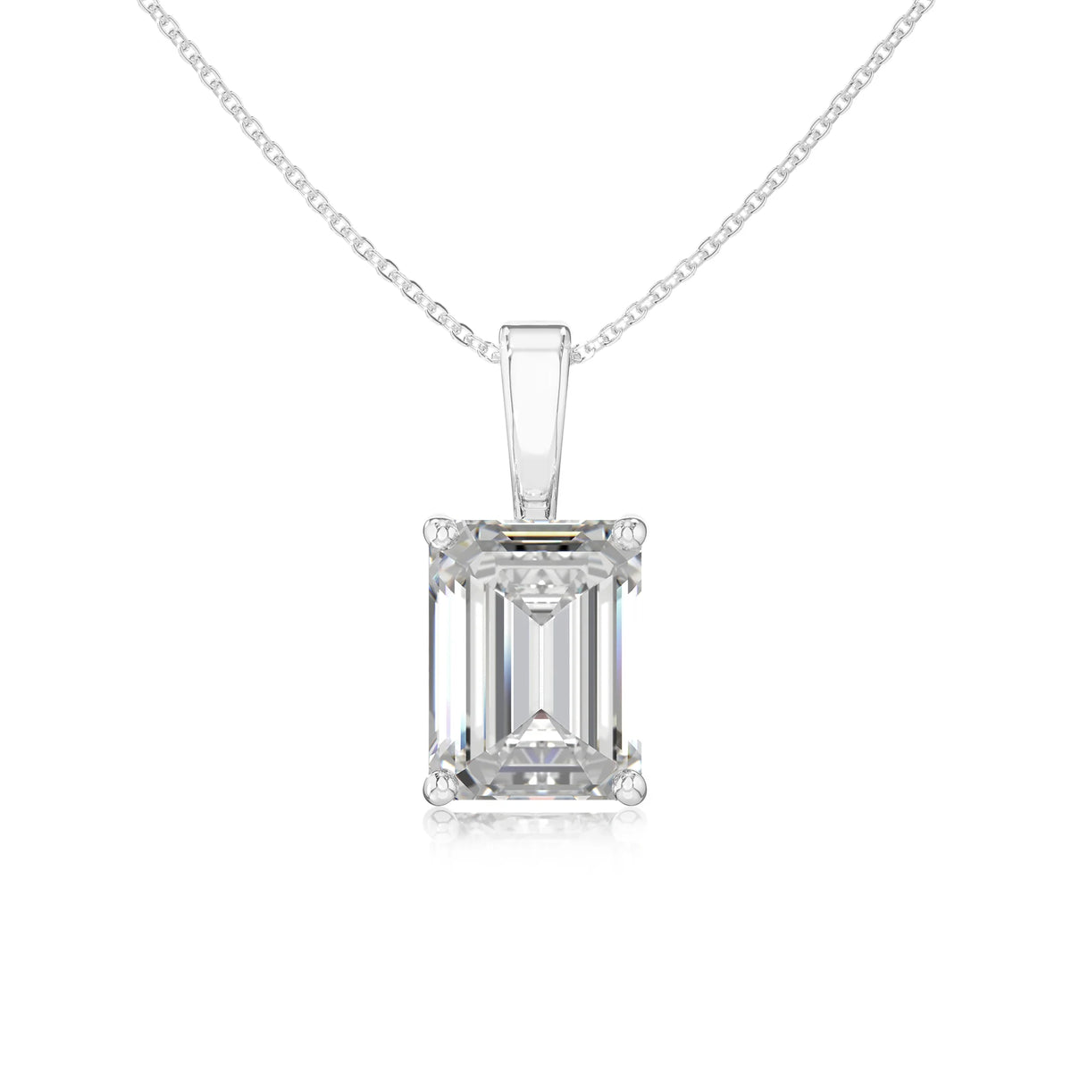lab grown moissanite emerald cut solitaire necklaces in white gold 