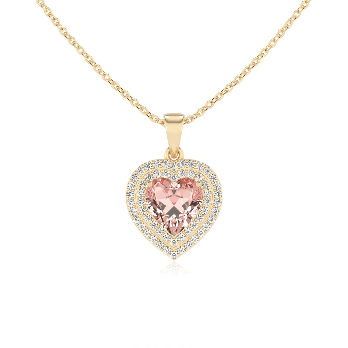 lab grown morganite heart halo necklaces in yellow gold 