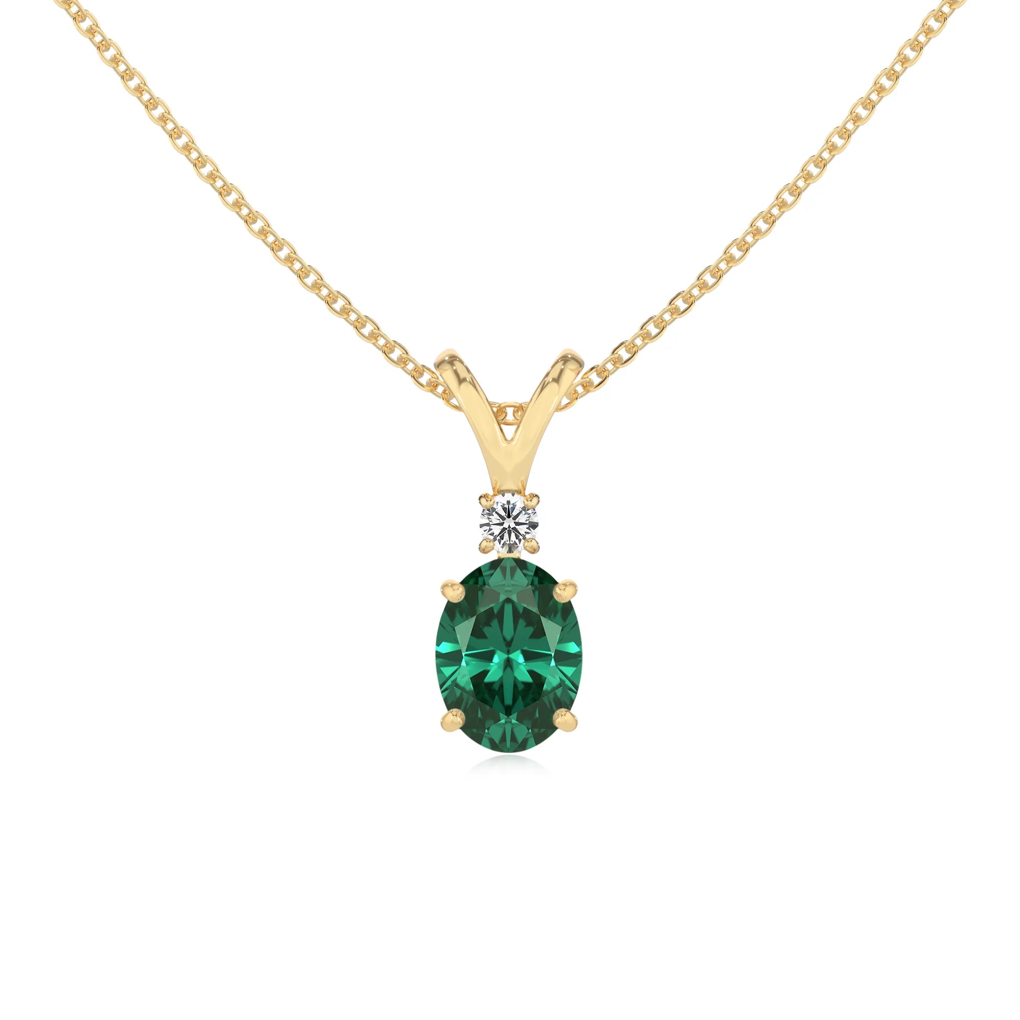 lab grown emerald oval solitaire v-bale necklaces in yellow gold 