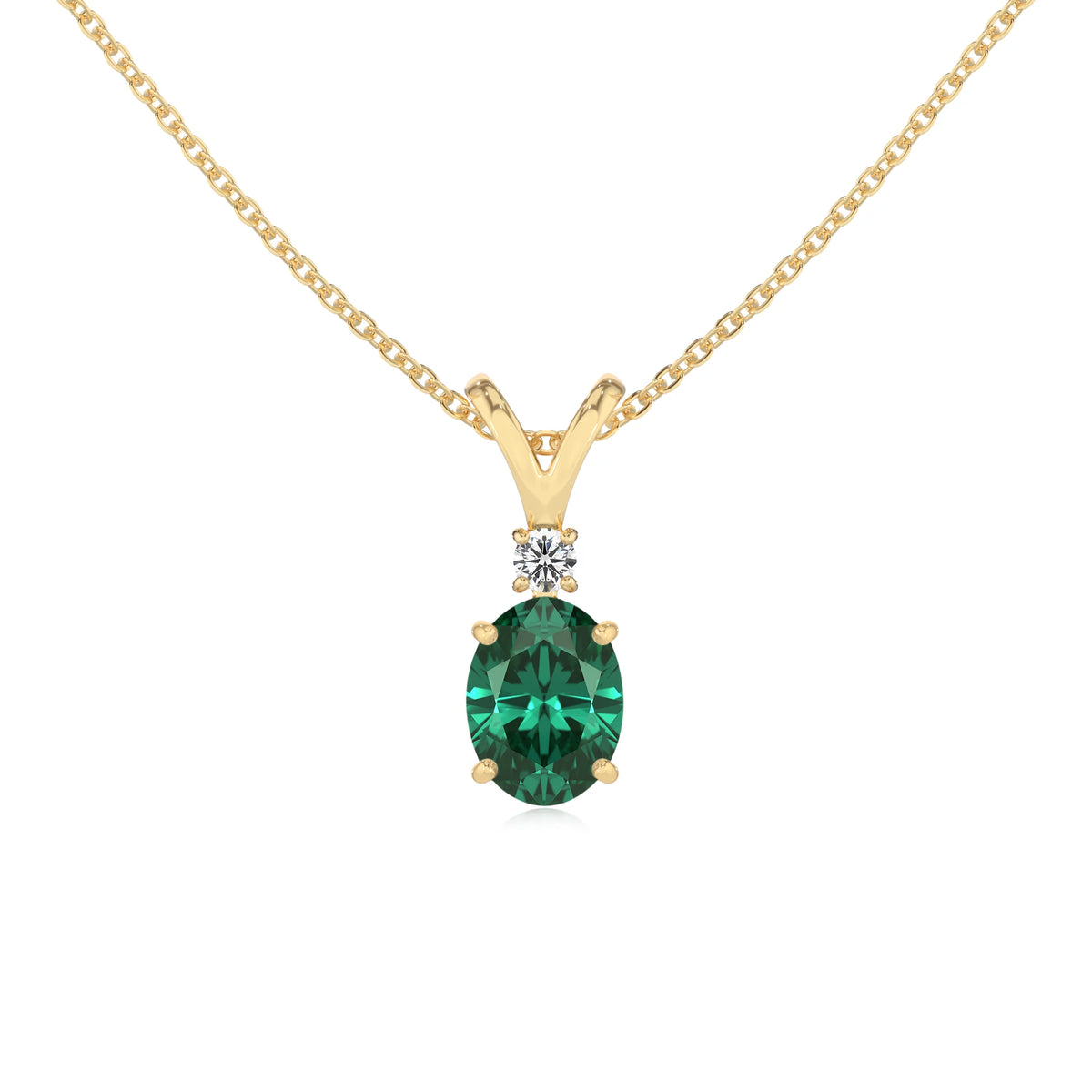lab grown emerald oval solitaire v-bale necklaces in yellow gold 