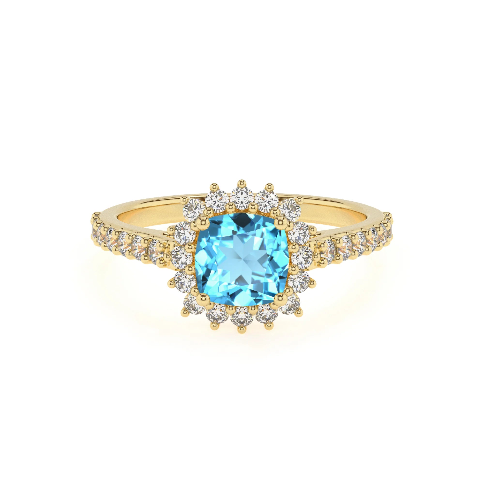 natural swiss-blue-topaz cushion solitaire rings in yellow gold 