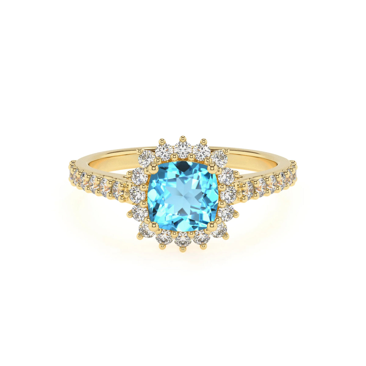 natural swiss-blue-topaz cushion solitaire rings in yellow gold 