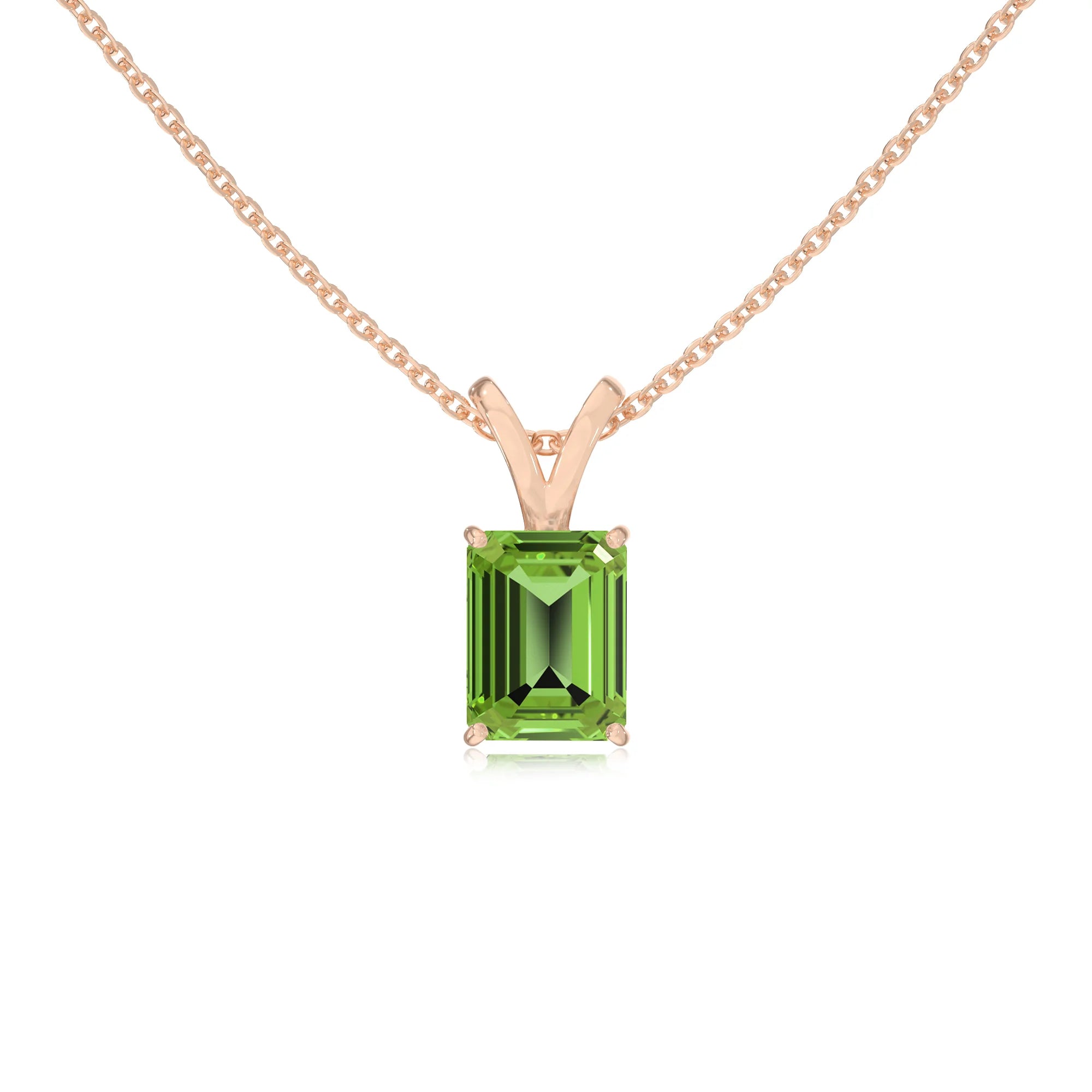 natural peridot emerald cut solitaire v-bale necklaces in rose gold 