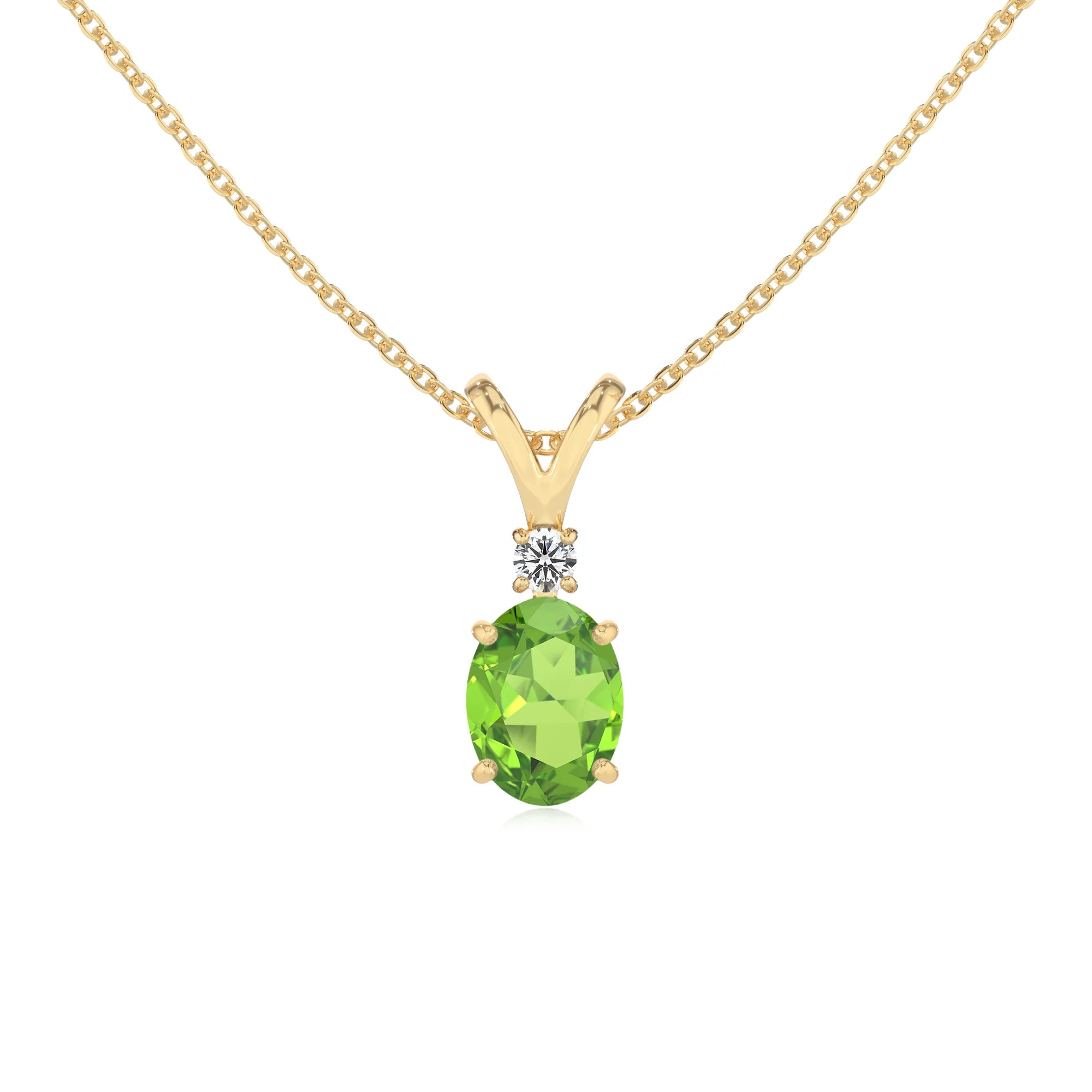 natural peridot oval solitaire v-bale necklaces in yellow gold 