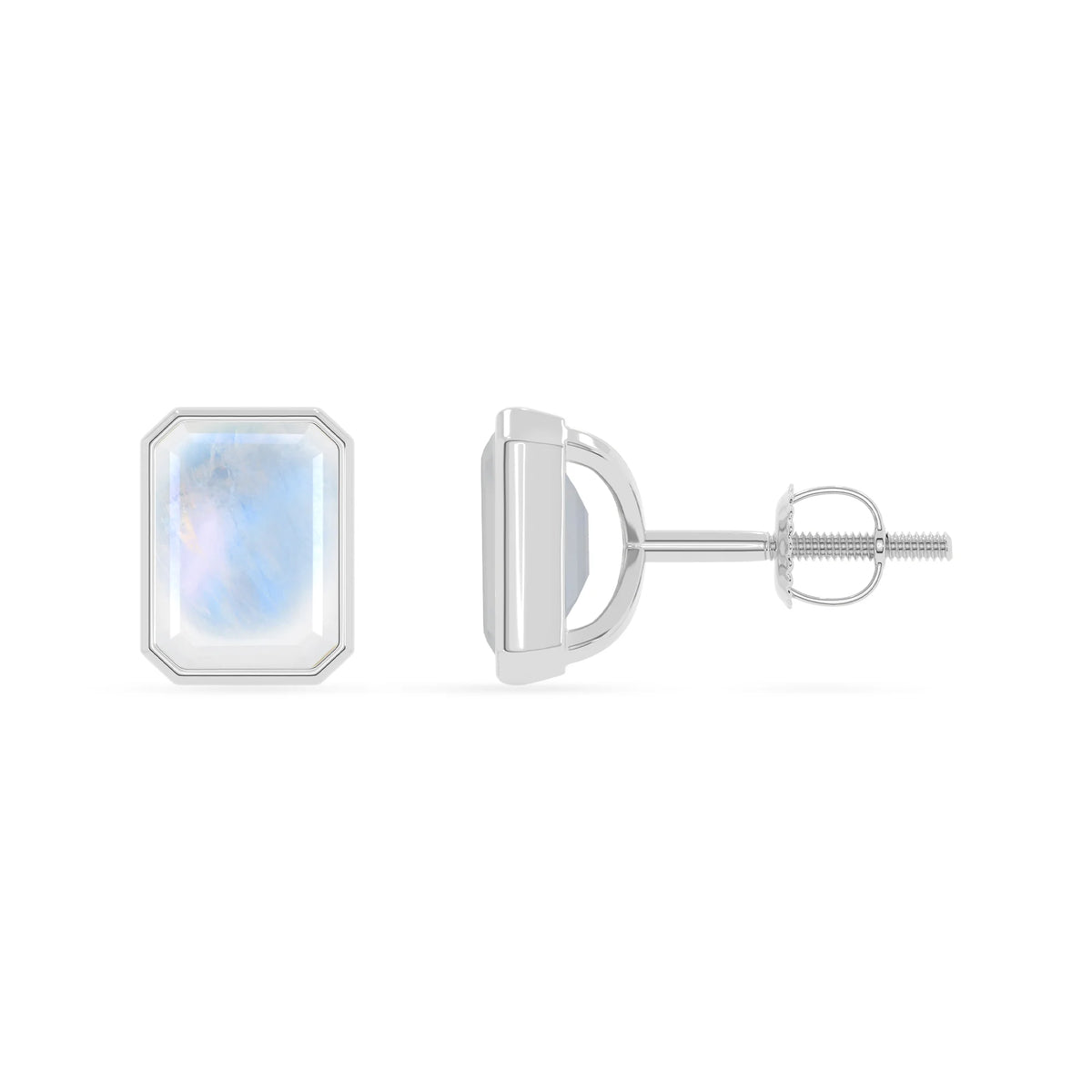 Natural Rainbow Moonstone Emerald-Cut Solitaire Stud Earrings