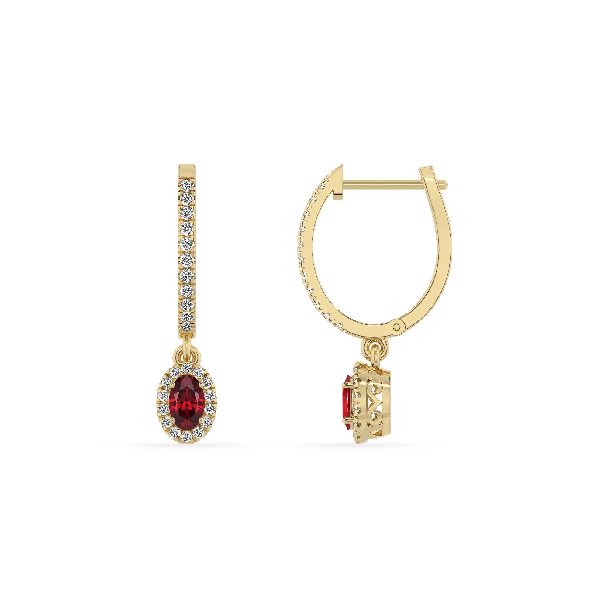 lab grown ruby oval drop earrings in yellow gold 