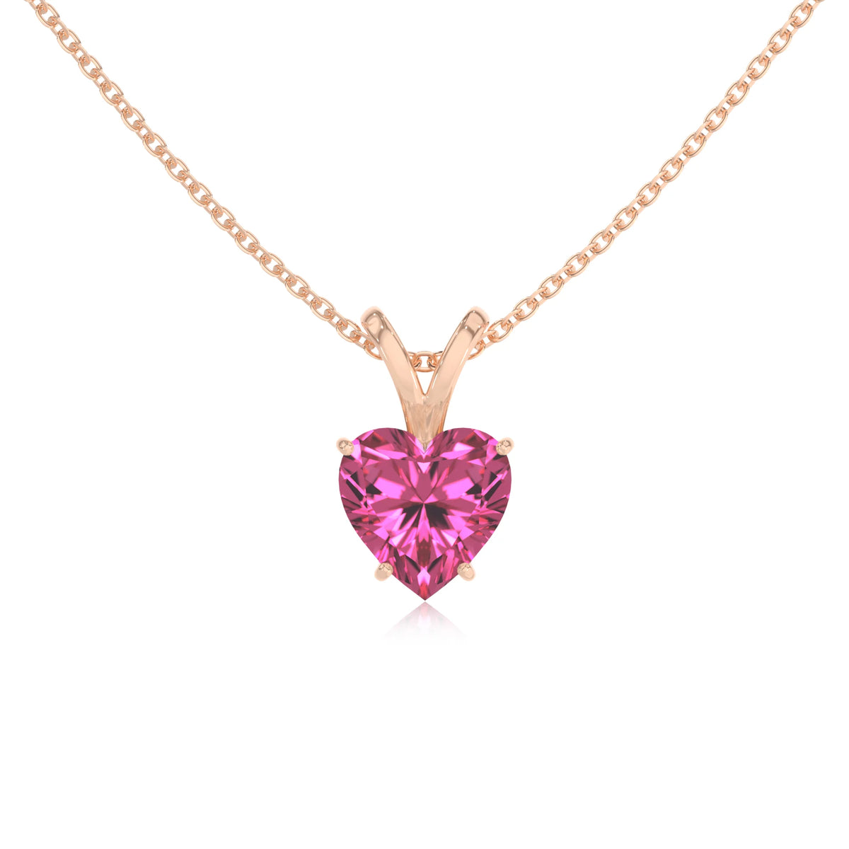 lab grown pink-sapphire heart solitaire v-bale necklaces in rose gold 