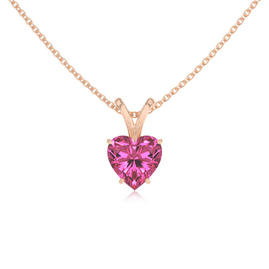 lab grown pink-sapphire heart solitaire v-bale necklaces in rose gold 