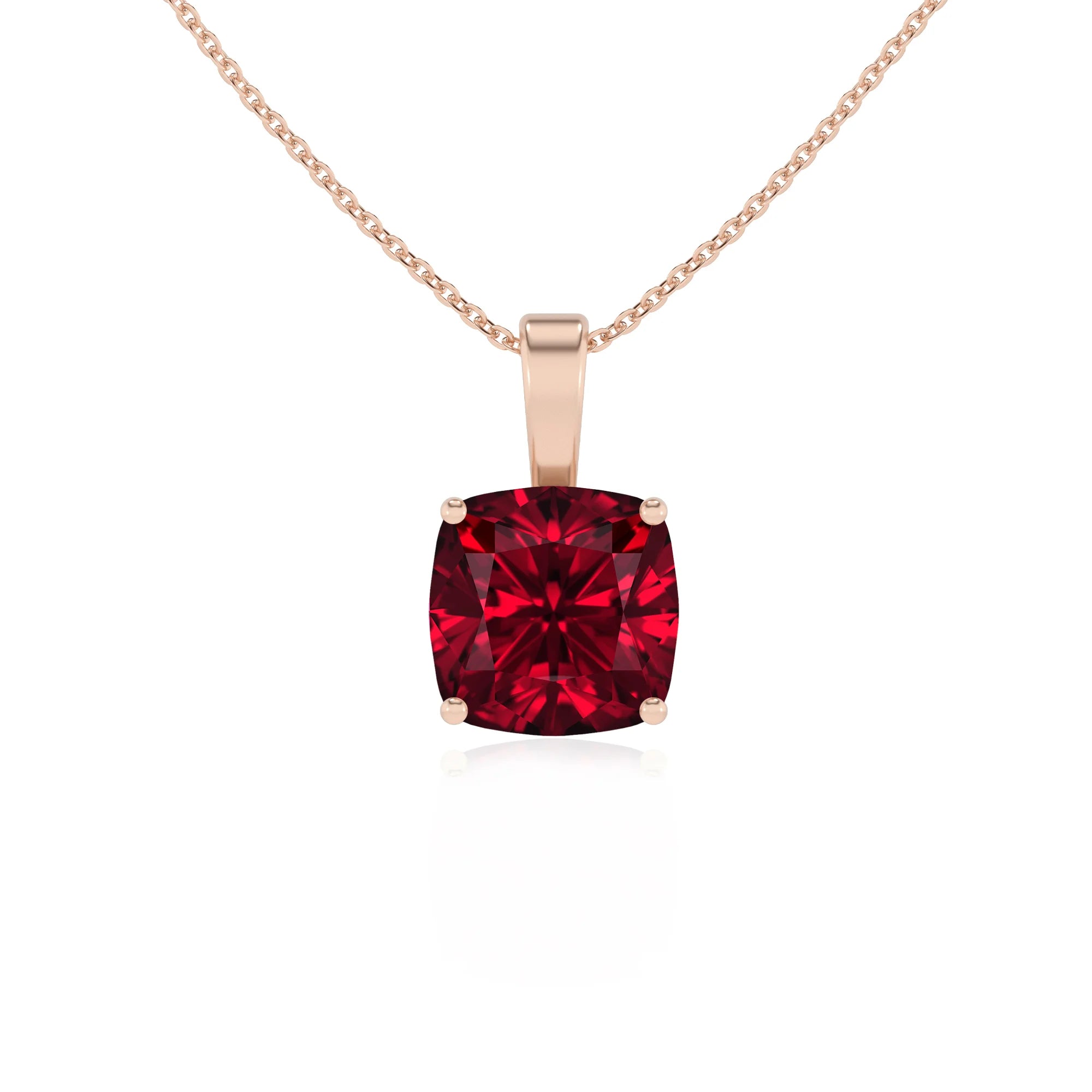 lab grown ruby cushion solitaire necklaces in rose gold 
