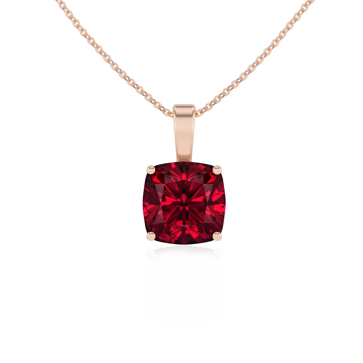 lab grown ruby cushion solitaire necklaces in rose gold 