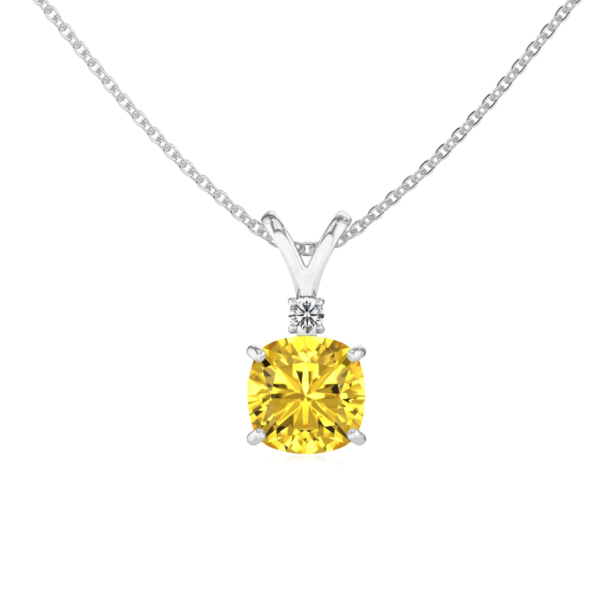 lab grown yellow-sapphire cushion solitaire v-bale necklaces in white gold 