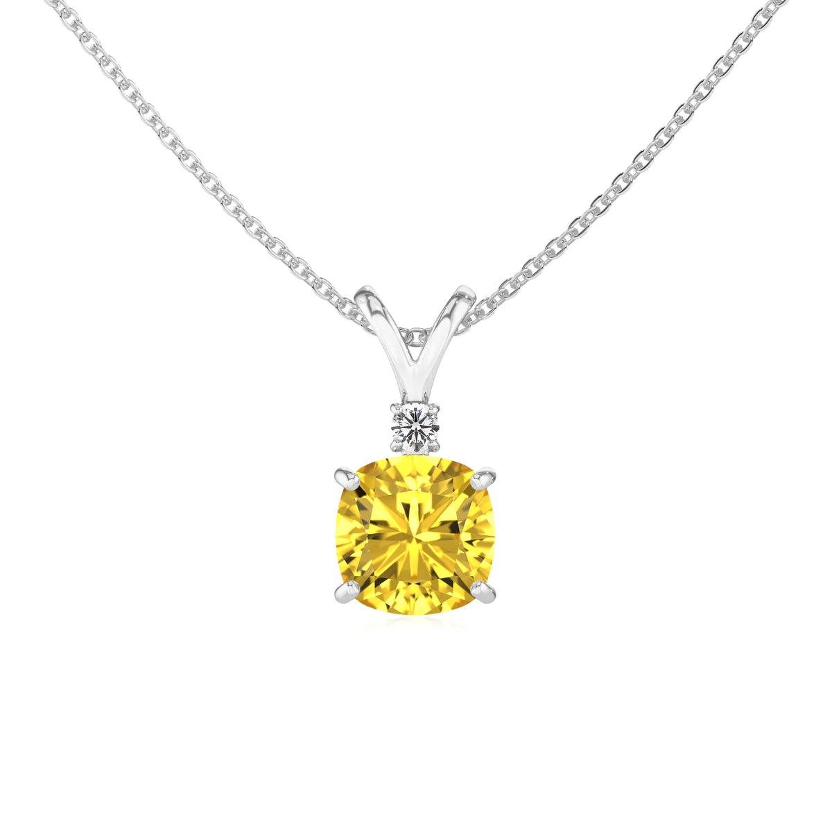 lab grown yellow-sapphire cushion solitaire v-bale necklaces in white gold 